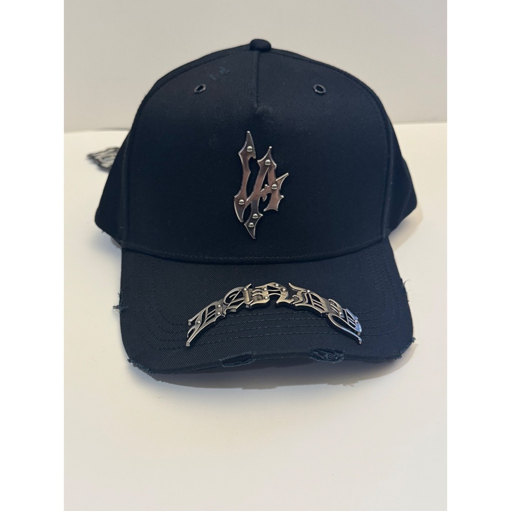Dandy Worldwide LA Chrome Metal Logo Distressed Snapback Hat Black Baseball Cap